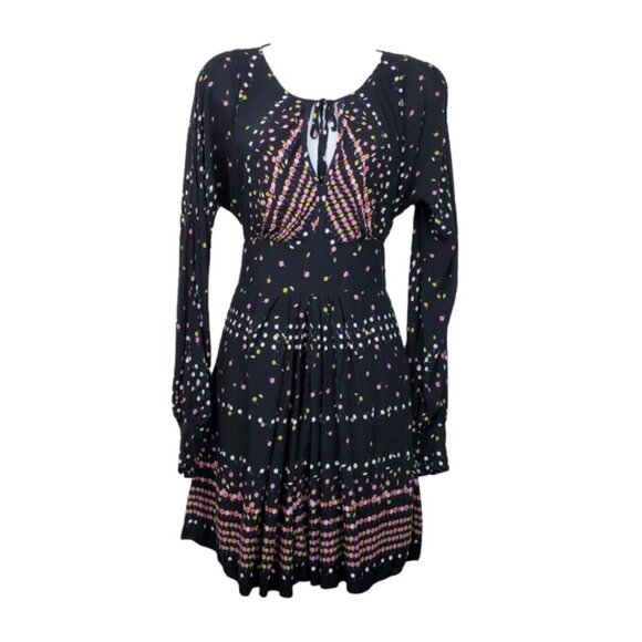 Free People Womens Coryn Long Sleeve Black Printed Open Back Mini Dress Size 2 - Picture 1 of 9